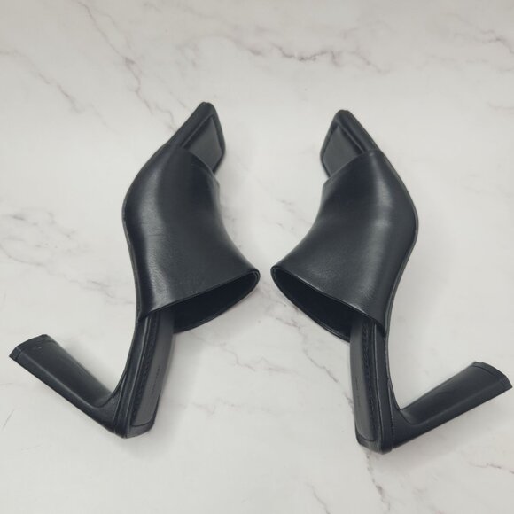 Oak & Fort Peep Toe Mule Black Leather Sandal Y2K Square Block Heel Size 9 - Picture 6 of 10